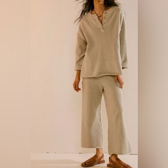 FP Beach Pants - Free People Beach Oatmeal Hailey Sweater/ Pants Waffle Knit Set Size Small